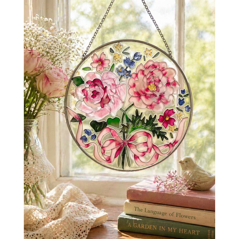 NEW Joan Baker Designs Hand Painted Glass Window Art Pink Petals 6.6”